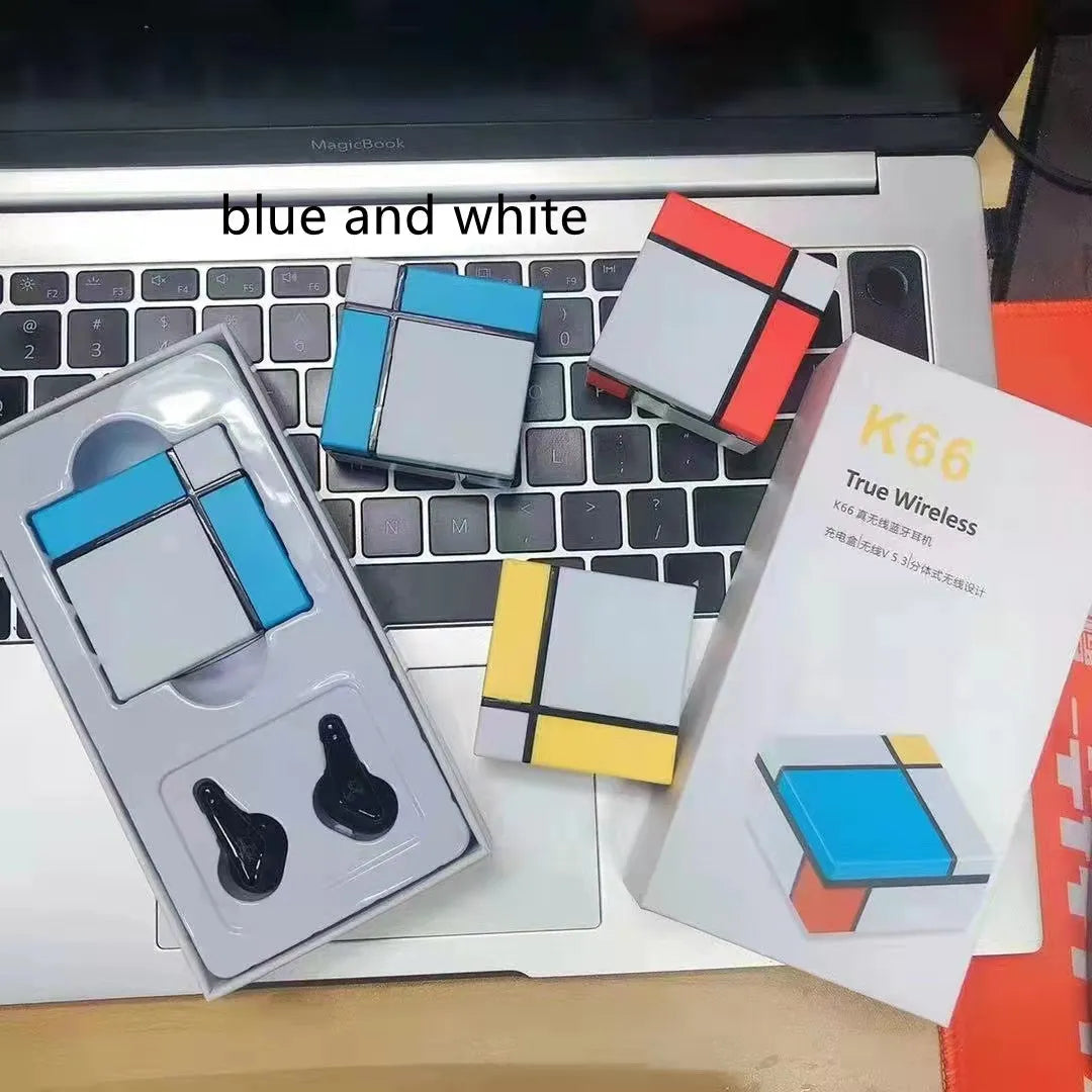 Blue and white Bluetooth gaming headset with digital display and in-ear design.