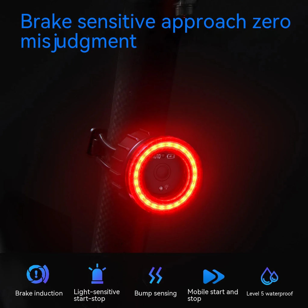 Black intelligent brake induction bicycle taillight with rechargeable battery and mounting brackets
