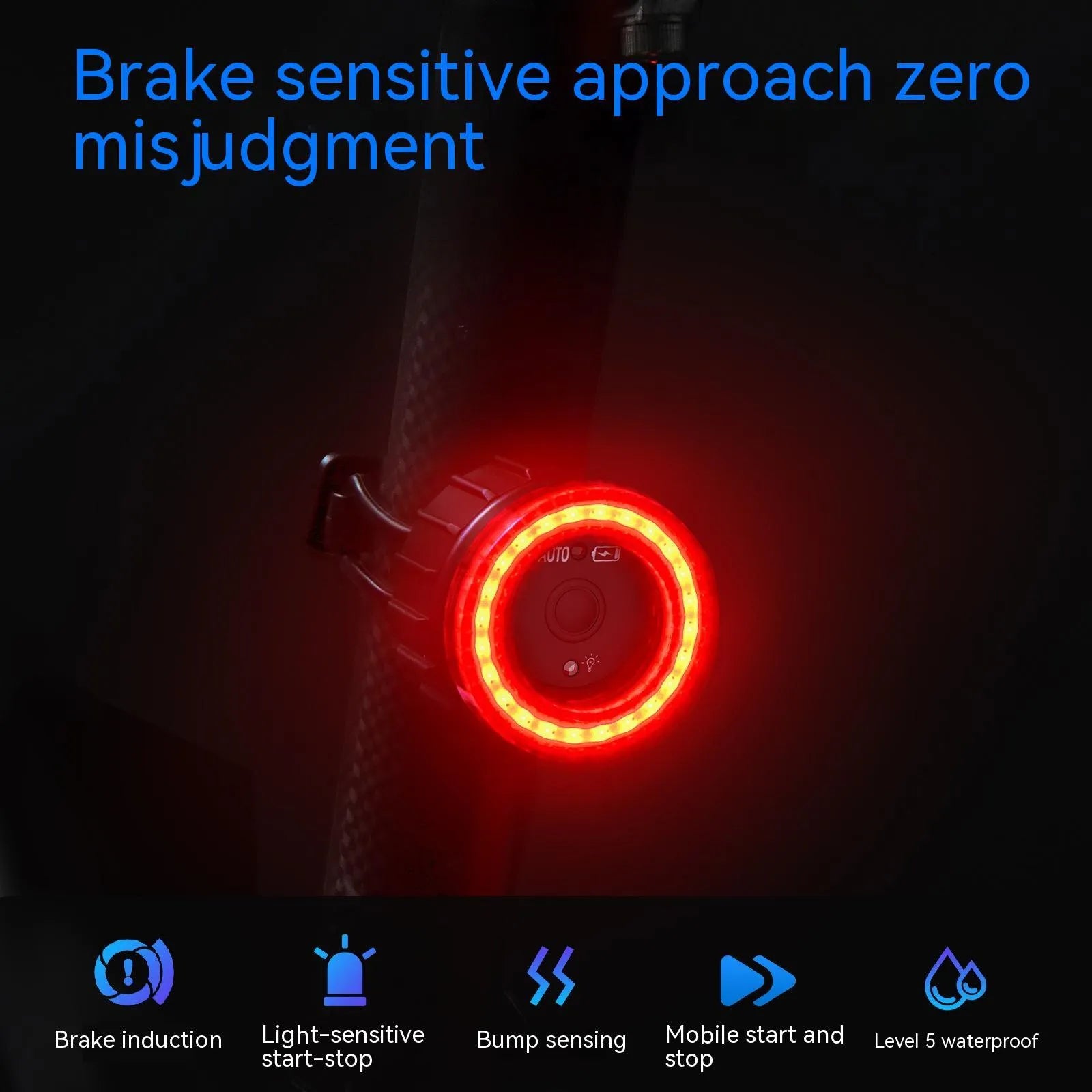 Black intelligent brake induction bicycle taillight with rechargeable battery and mounting brackets