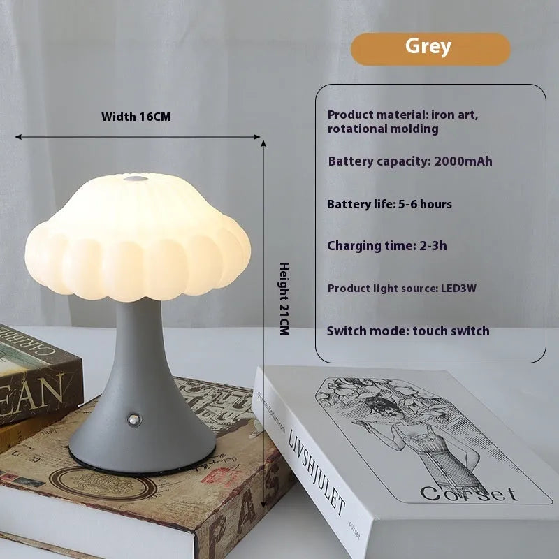 Mushroom-shaped night light with touch controls and USB port in wood grain finish