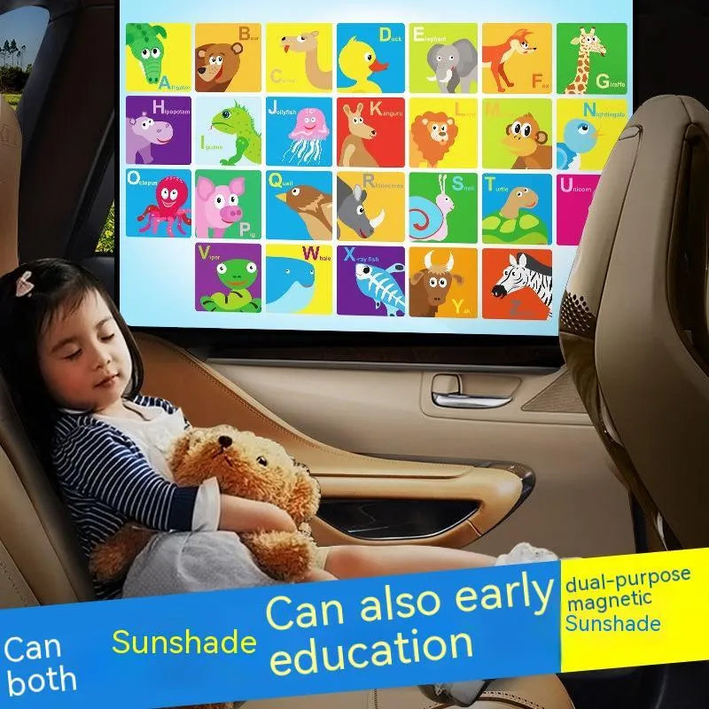 Automatic retractable car sunshade with magnetic mount showing cartoon anime pattern design