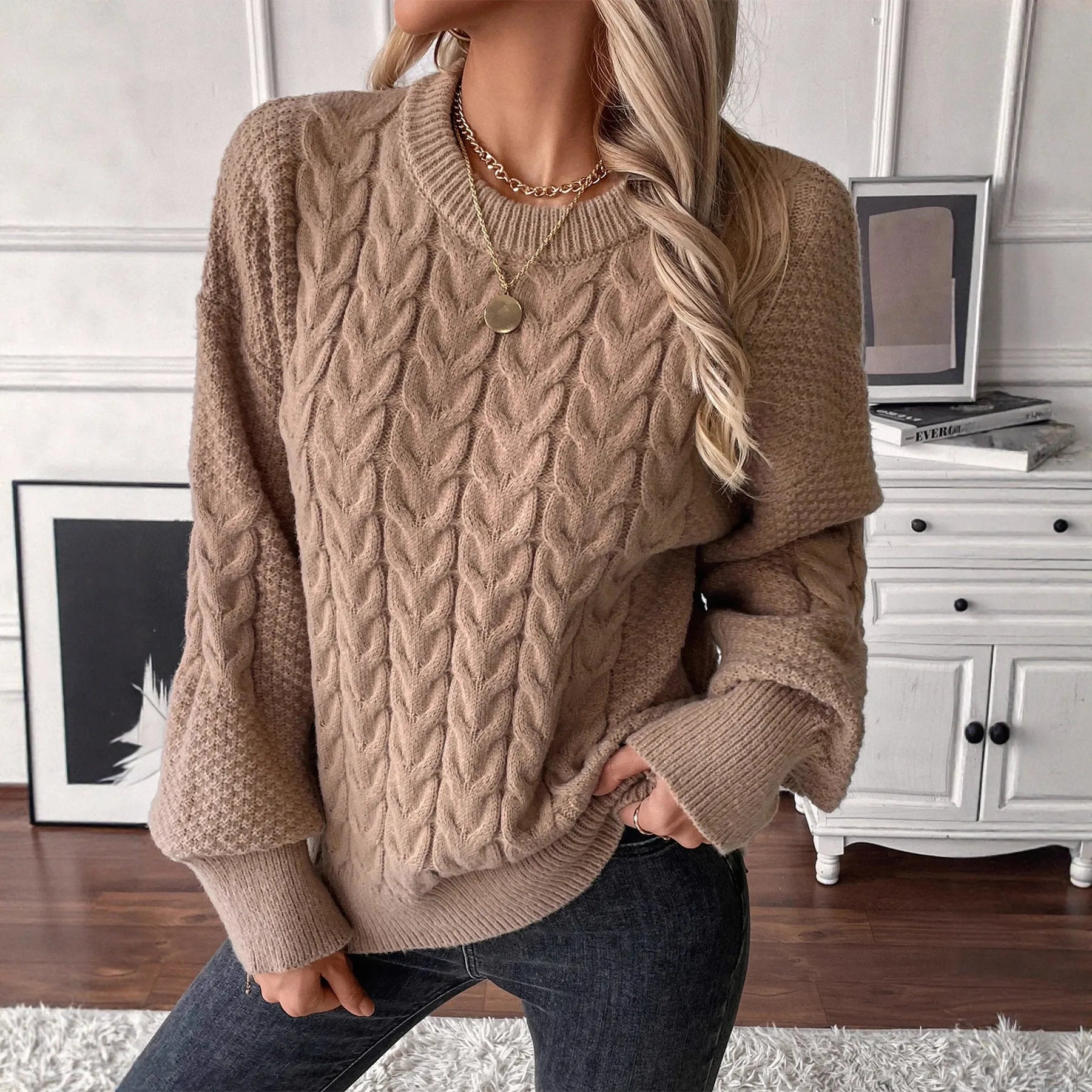 Women's beige casual sweater with twist detail and round neckline