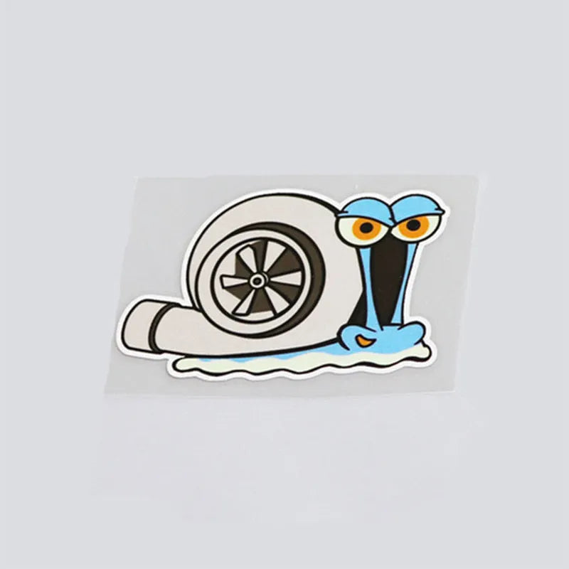 White cartoon snail reflective car sticker measuring 12 by 8 centimetres