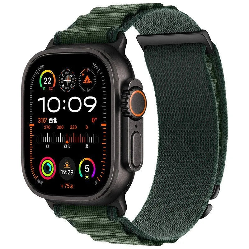 Nylon loop watch strap for Apple Watch with two-section high mountain weave in black colour, fits 38mm to 49mm sizes