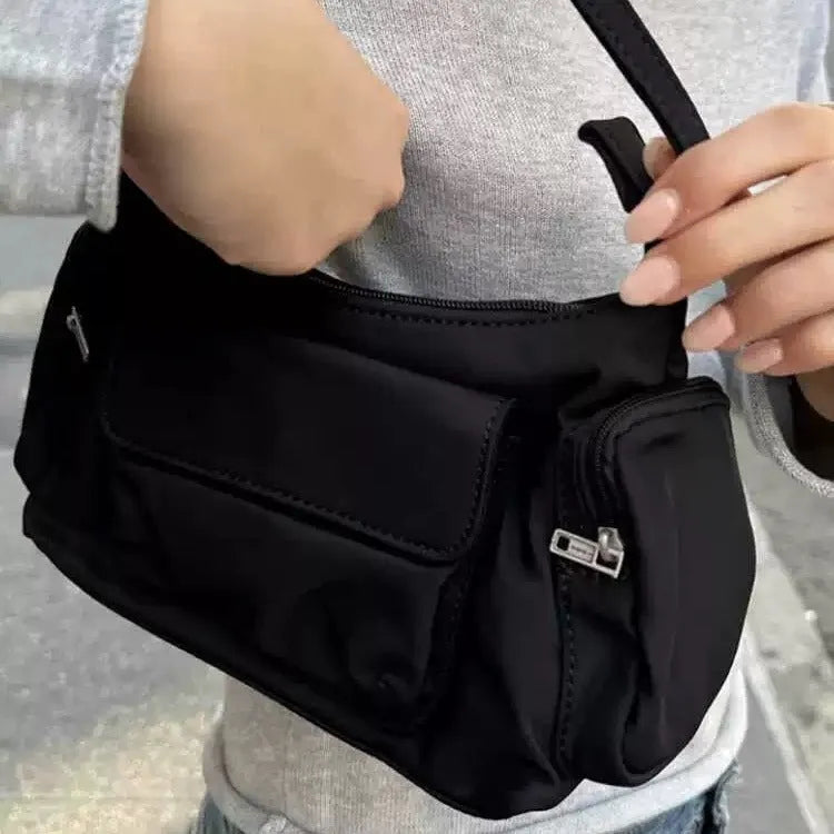 Black PU women's shoulder bag with double pockets and side line detailing