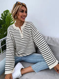 Women's black striped knitted top with contrast colour and drop-shoulder sleeves