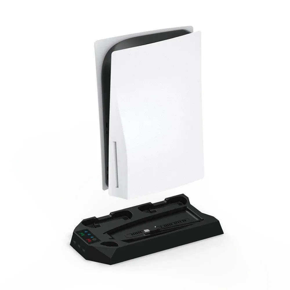 PS5 charging cooling station with dual controller docks and headphone hook in black or white
