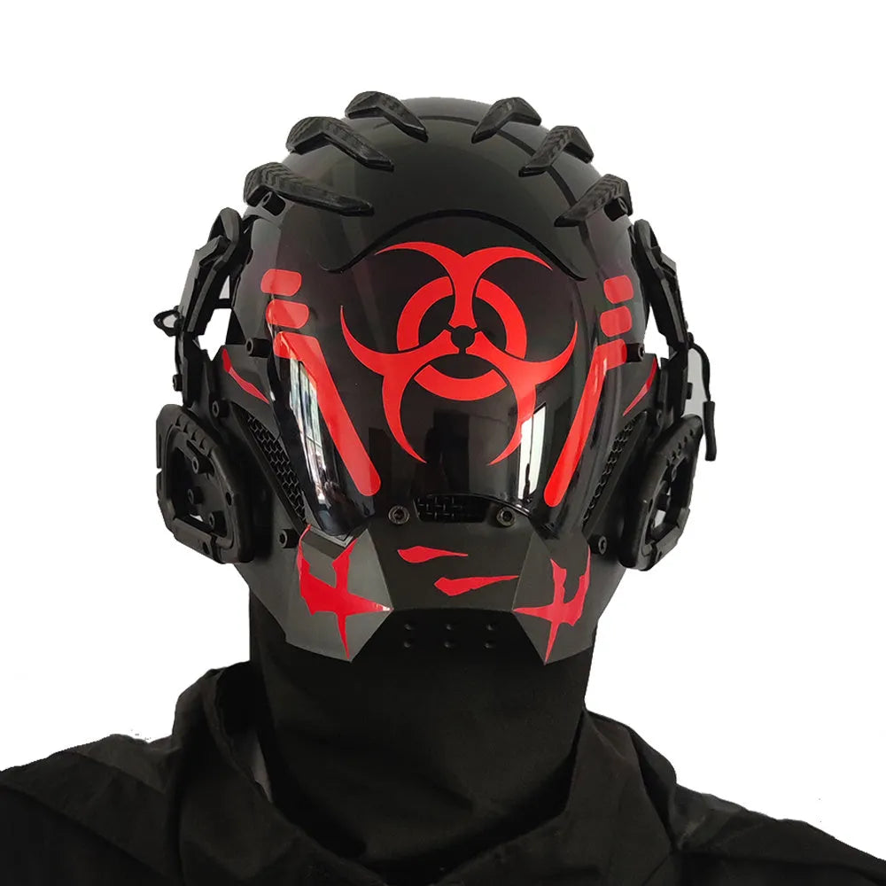 Black full face cyborg helmet mask with bioweapon styling for costumes