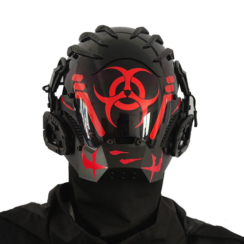 Black full face cyborg helmet mask with bioweapon styling for costumes
