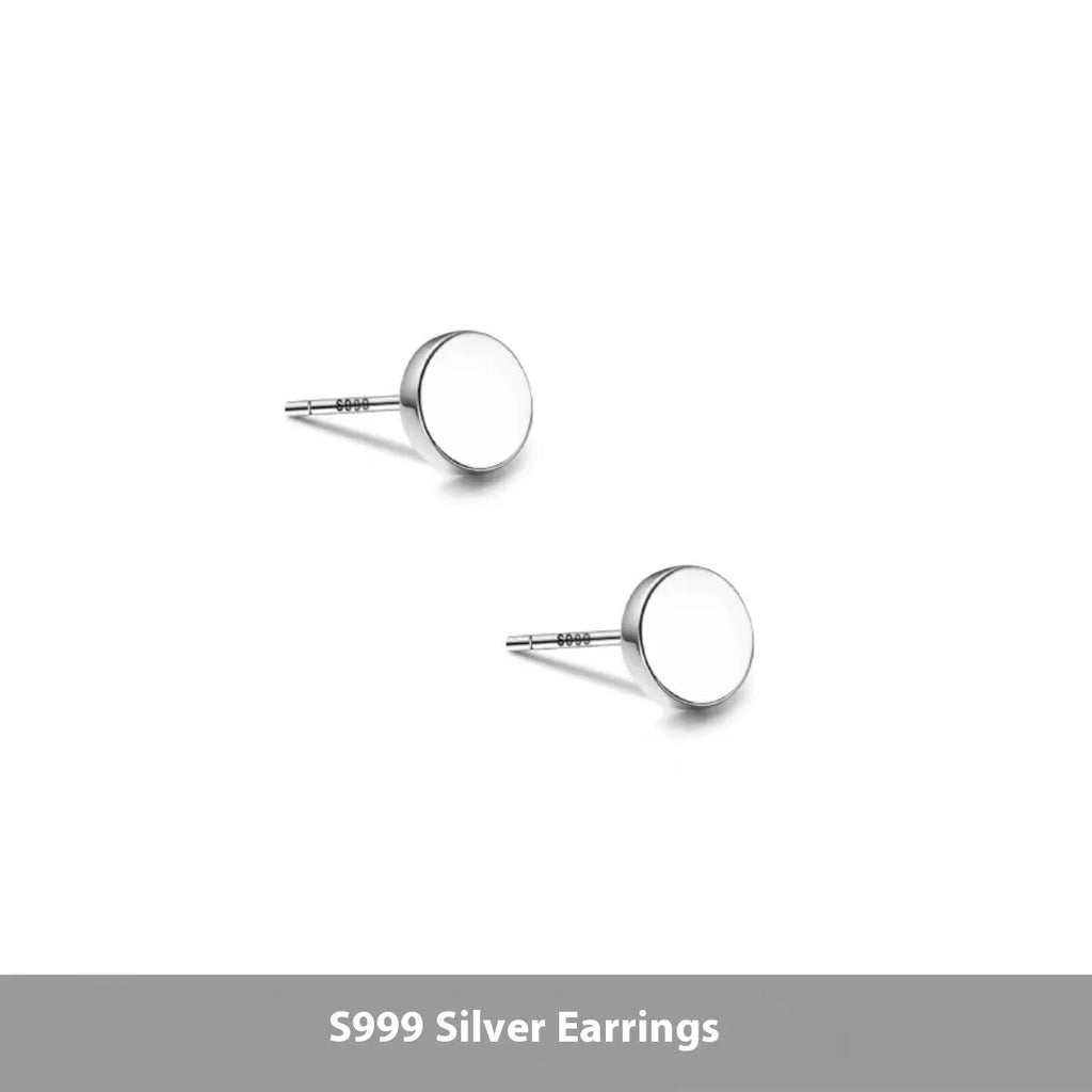 Sterling silver S999 flat bone stud earrings in round geometric design with 3mm to 8mm size options