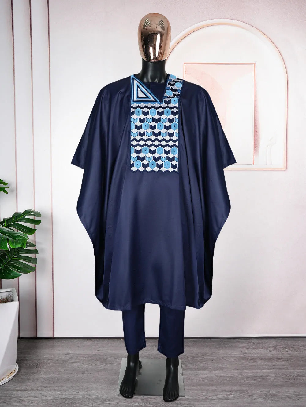 Men's dark blue polyester three-piece suit set with embroidered jacket
