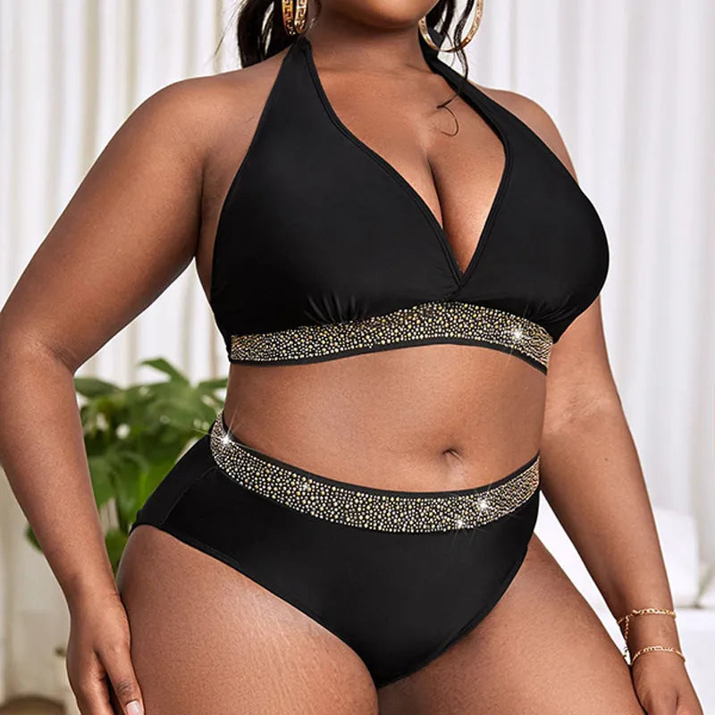 Black plus size women's bikini swimsuit with bra and shorts, sizes 0XL to 4XL