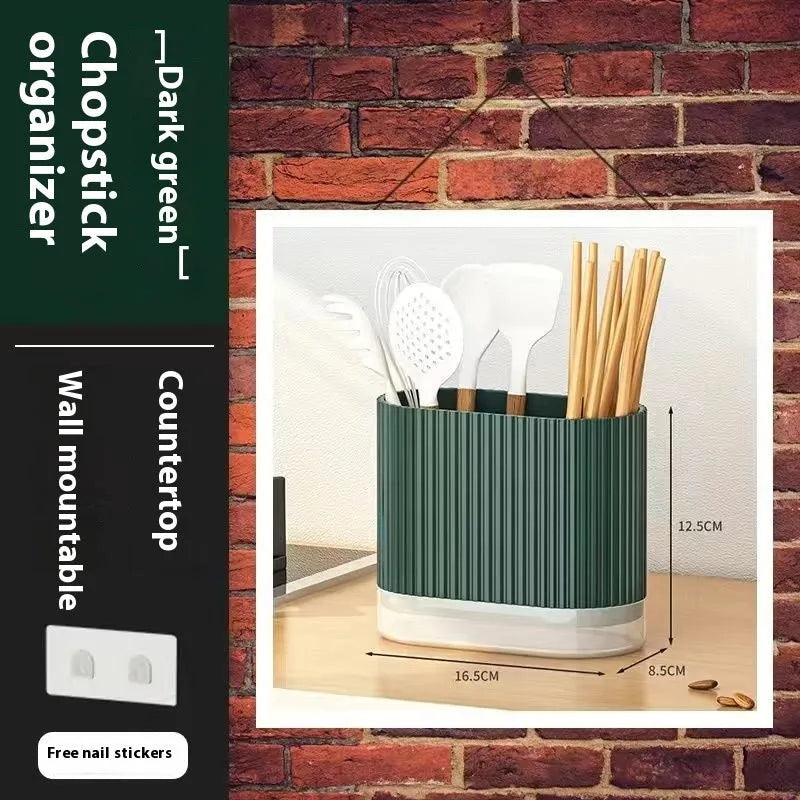 Beige plastic wall-mounted chopstick and spoon holder with cross-drainage tubes