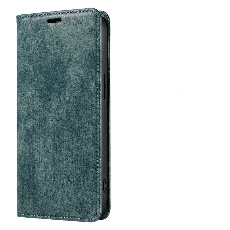 Magnetic flip phone case in leather and TPU for iPhone, shown in grey colour.
