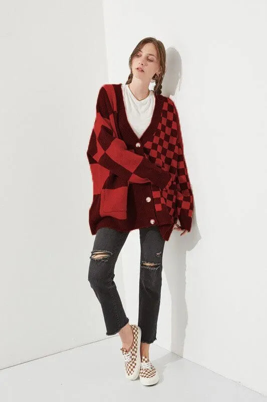 Printed checks knitwear cardigan in loose slim fit showing six colour options