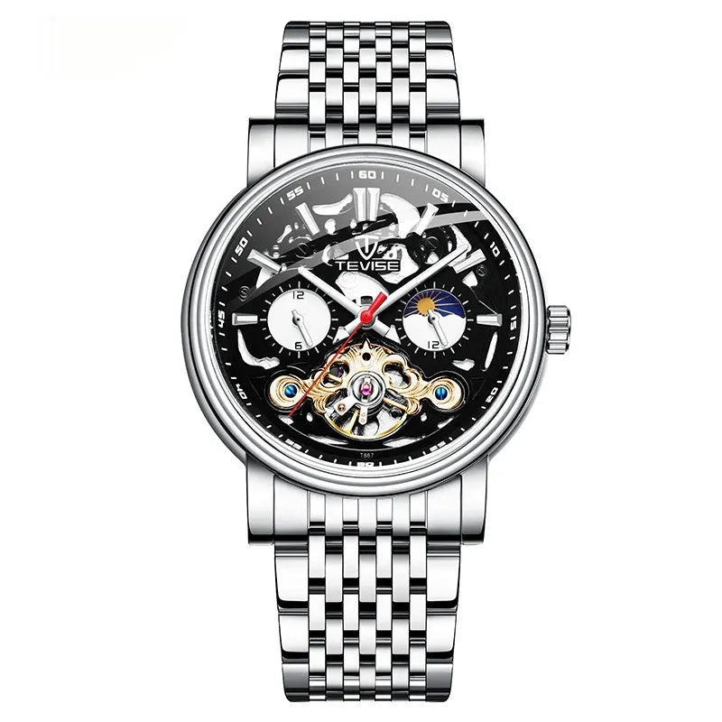 Men's casual tourbillon mechanical watch with luminous hands on a black leather strap.