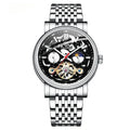Men's casual tourbillon mechanical watch with luminous hands on a black leather strap.