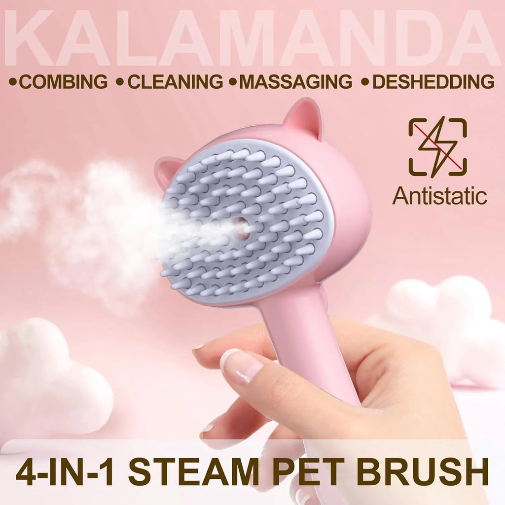 Cat steam brush with blue handle, rubber bristles, and release button for pet grooming