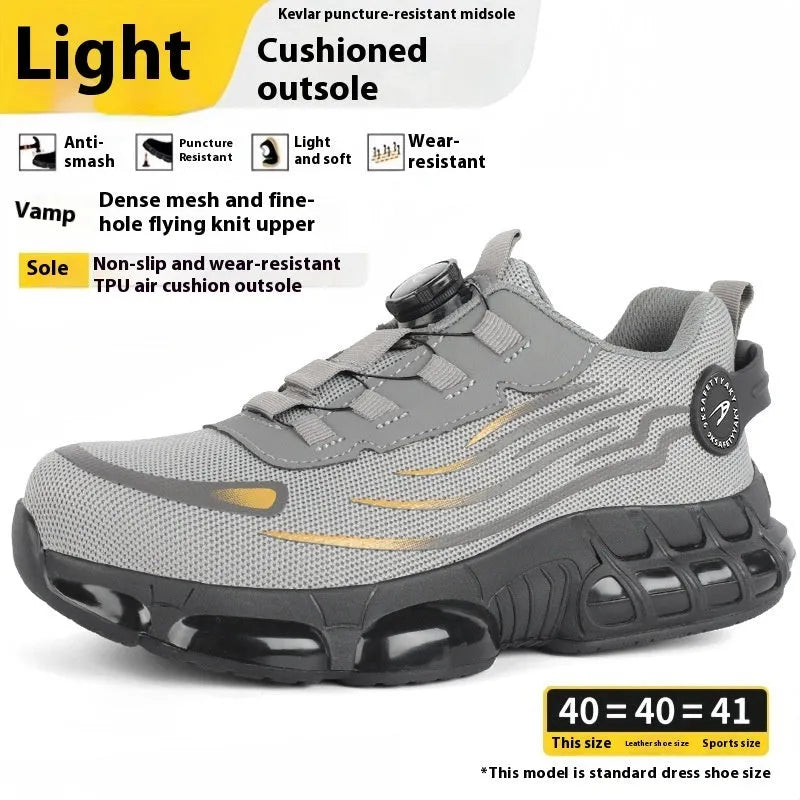 Anti-smash anti-puncture TPU Flyknit mesh work shoes in black and grey, Knob series safety footwear
