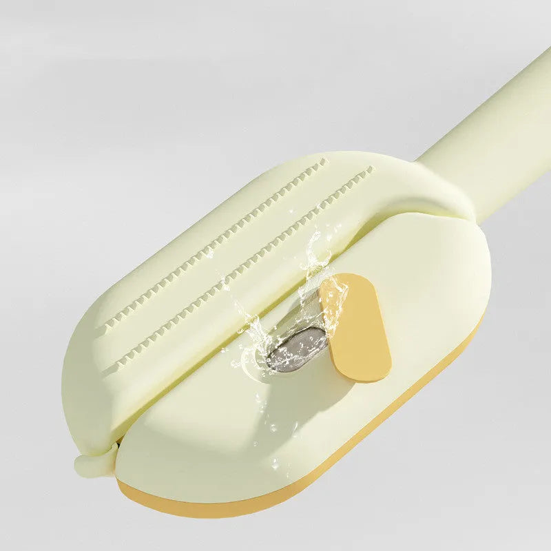 Blue pet grooming comb with a water tank for catching floating hair, shown alongside a soft cotton towel.