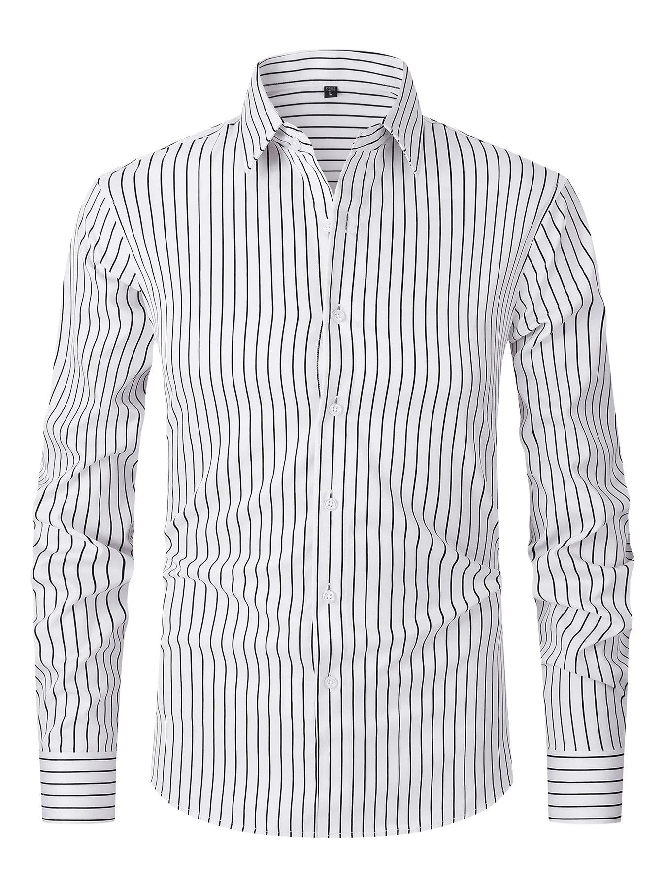 Men's slim fit striped long sleeve business shirt in ice silk polyester blend fabric