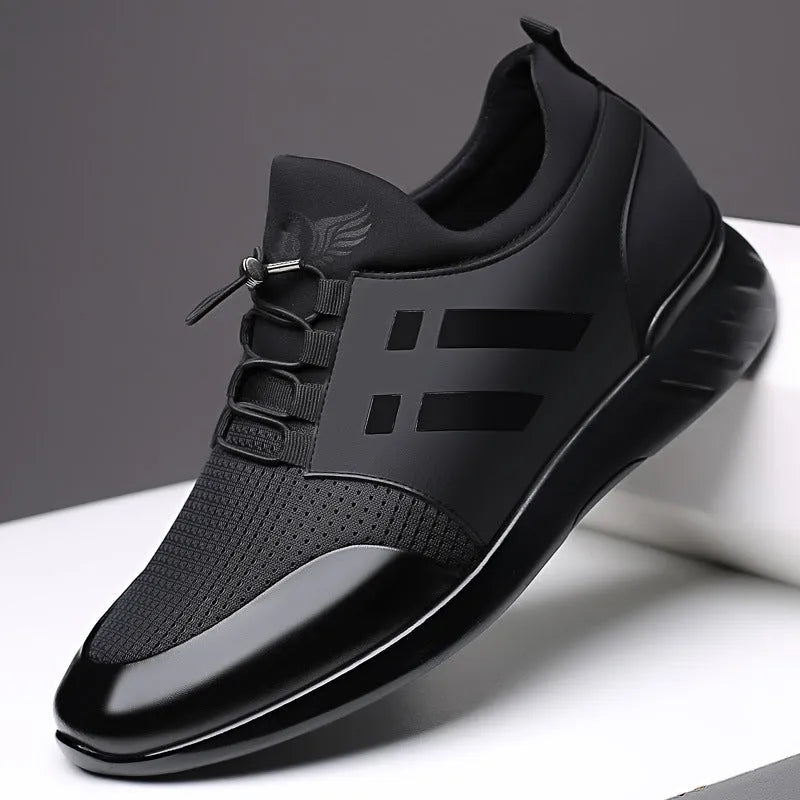 Men's black casual height increasing sneakers with genuine leather upper and hidden wedge heel