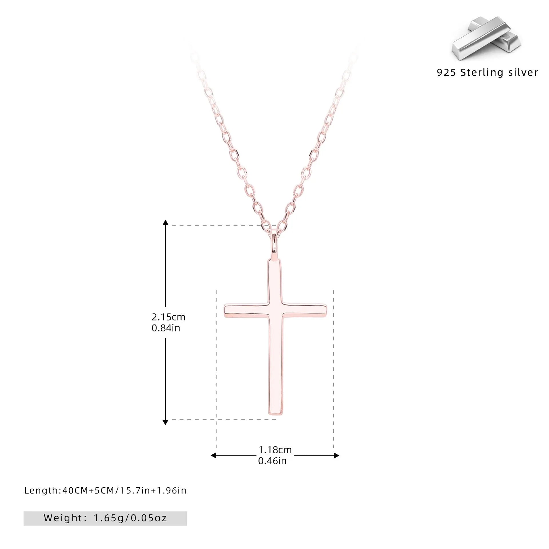 S925 sterling silver necklace with simple cross pendant on O-chain in gold, platinum, or rose gold plating