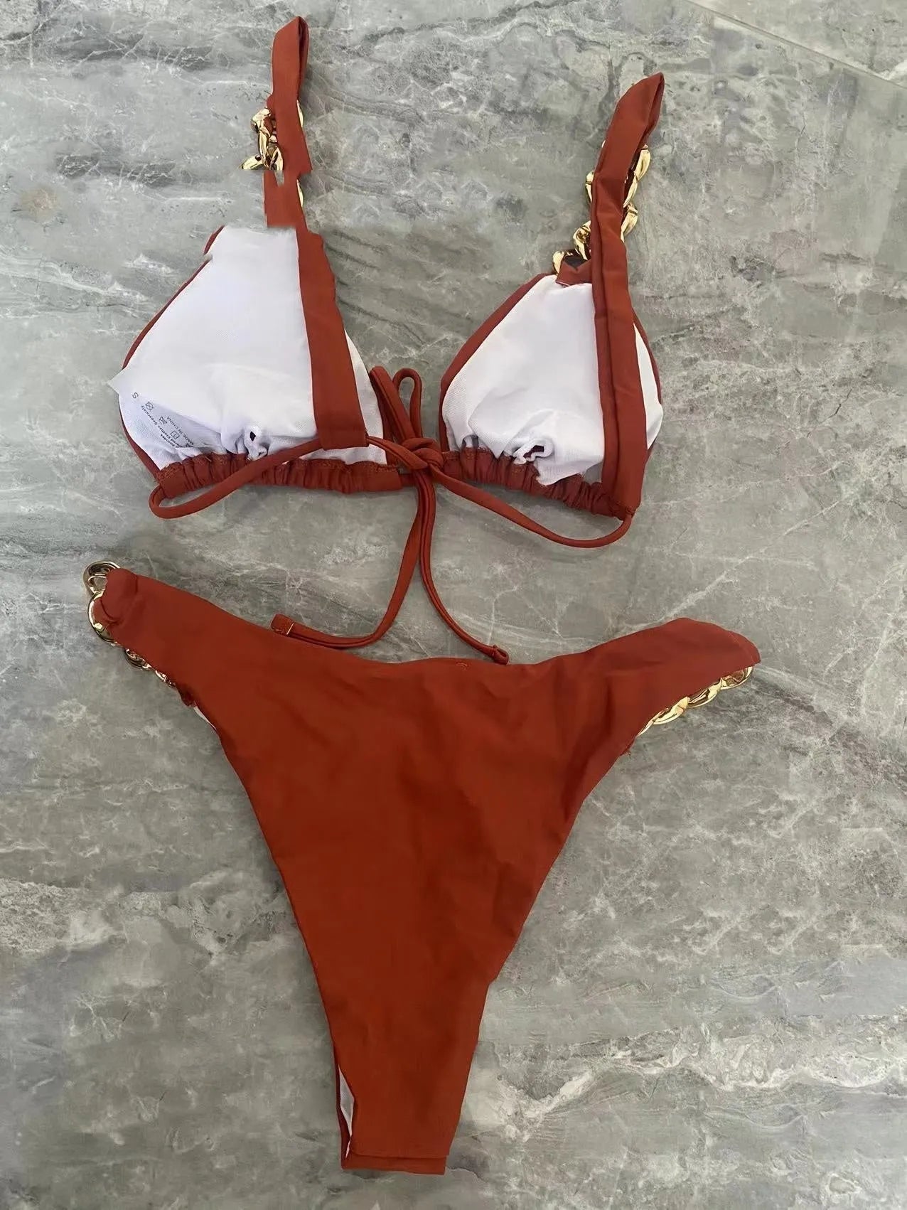 Brown women's push-up tube top bikini swimsuit with split design and ring tether detailing