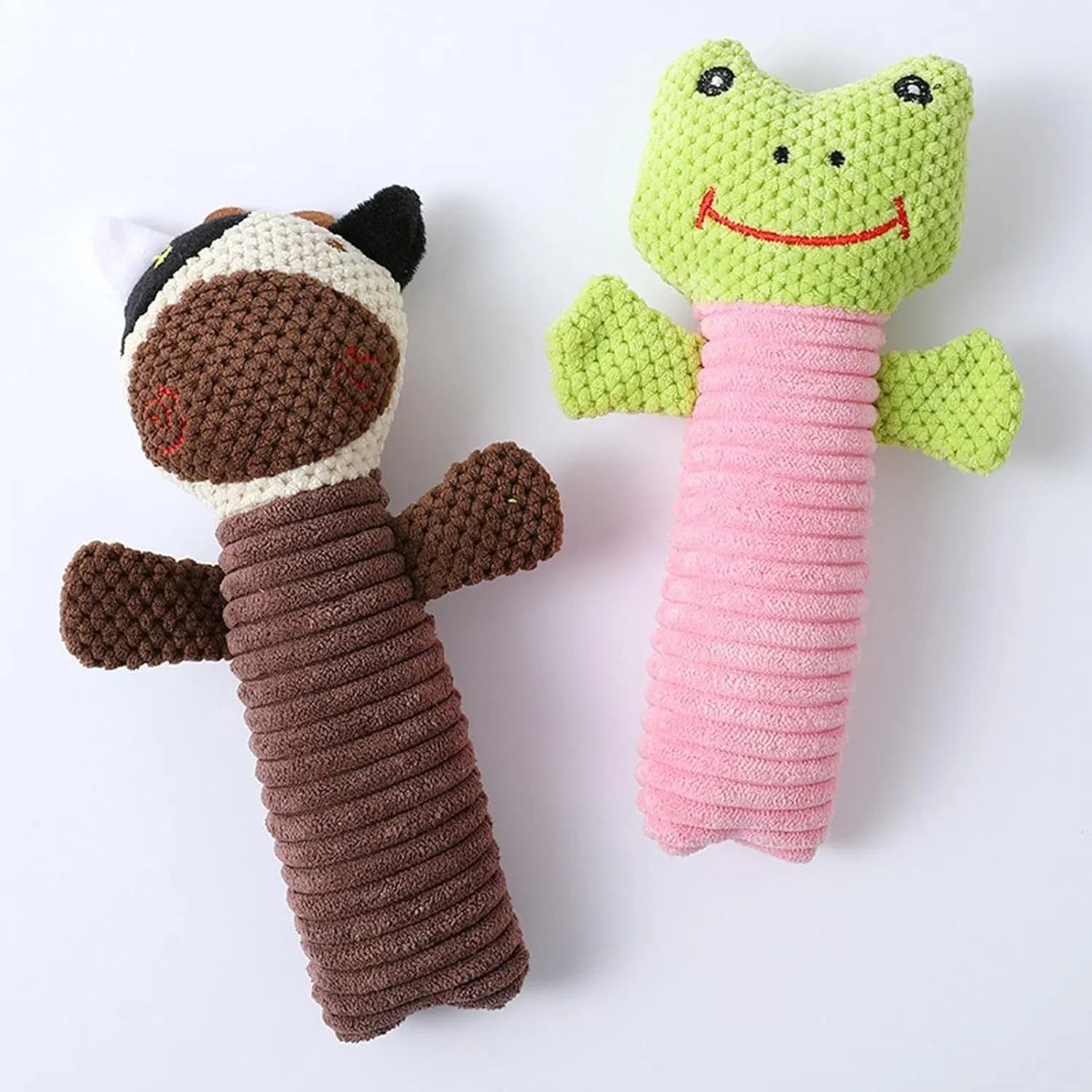 Squeaky stuffed dog toy in calf, frog, or puppy shape measuring 19x5cm