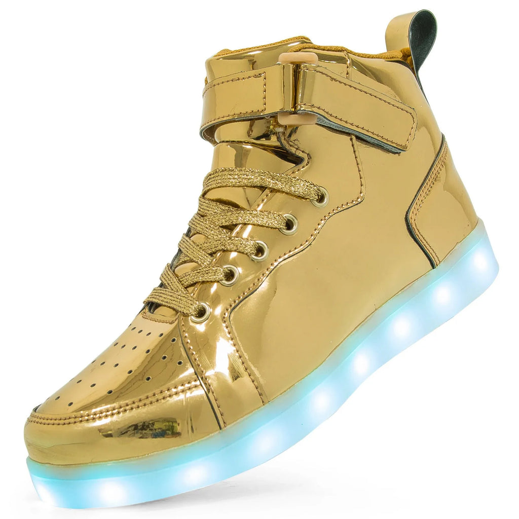 LED high-top light shoes with Velcro closure showing illuminated sole and available colour options