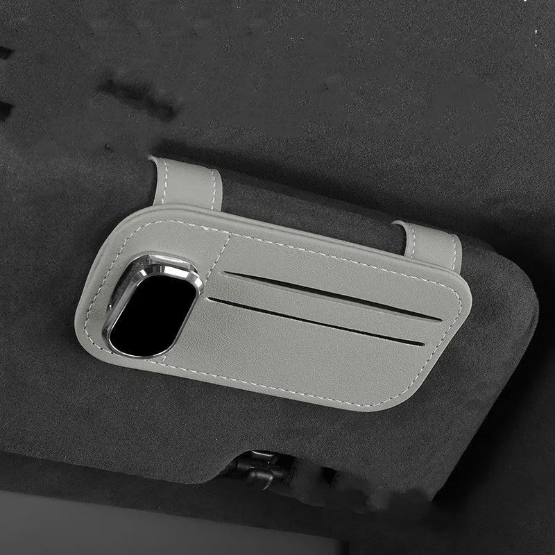 Leather car sun visor card holder with glasses clip function in multiple colour options