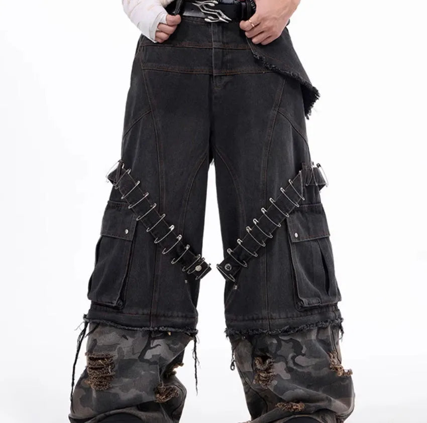 Men's grey jeans with camouflage pattern splicing and decorative pin and ribbon details on cotton denim