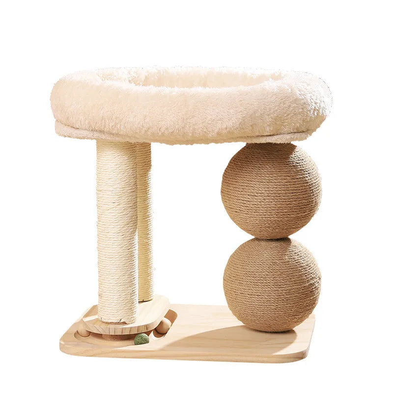 Pine wood cat nest with integrated cat grasping balls in sisal, chamfered, or mat style options
