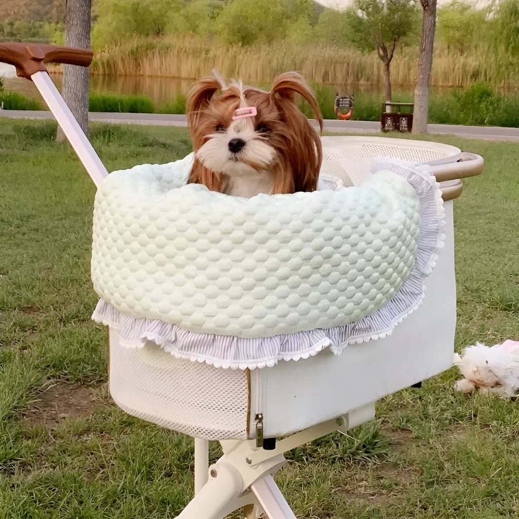 Pet stroller three-piece set showing removable towel, cushion and pillow in floral pattern