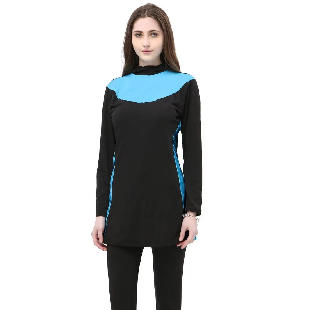 Conservative black women's hooded swimsuit with long sleeves, shown as a two-piece set.