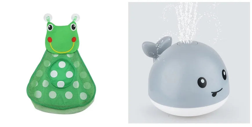 Blue and white whale bath toy with water spray and flashing lights for baby sensory play