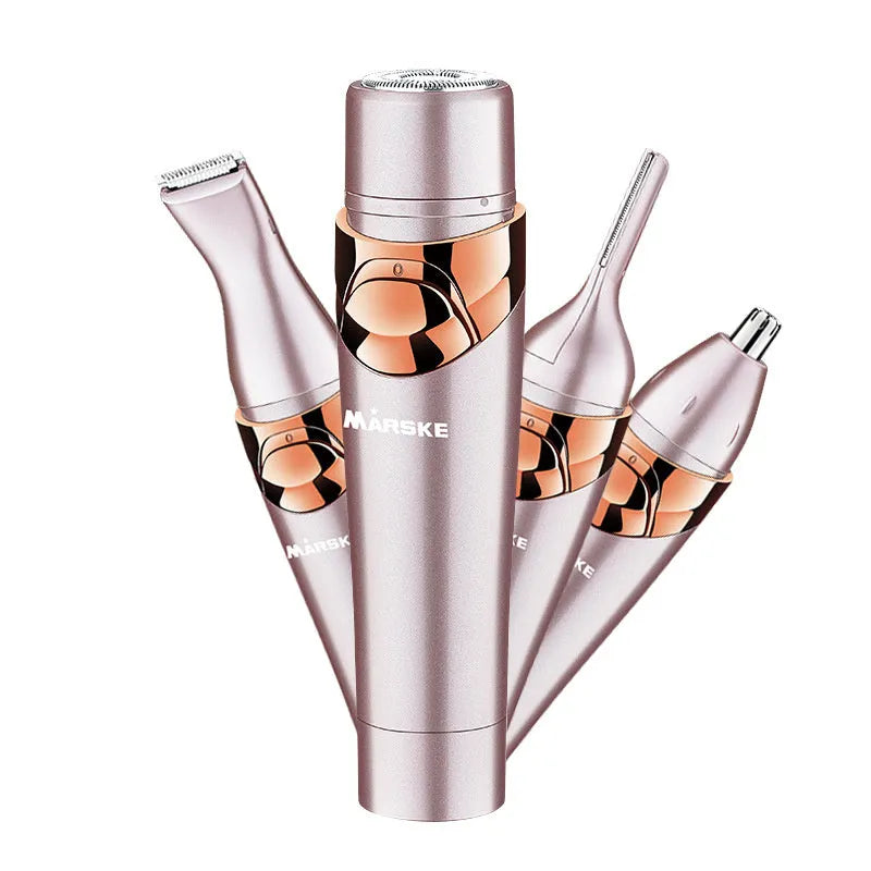 Four-in-one women's electric shaver in Light Fuchsia with five interchangeable heads and USB cable, compact design