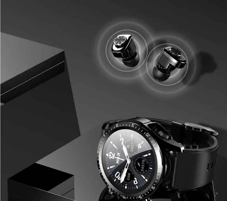 Black smartwatch with blood pressure monitoring on a silicone strap, showing a 1.28-inch display.