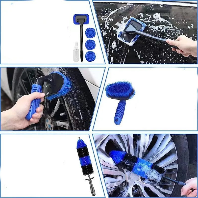26-piece car cleaning brush set with telescopic handle and various brush heads