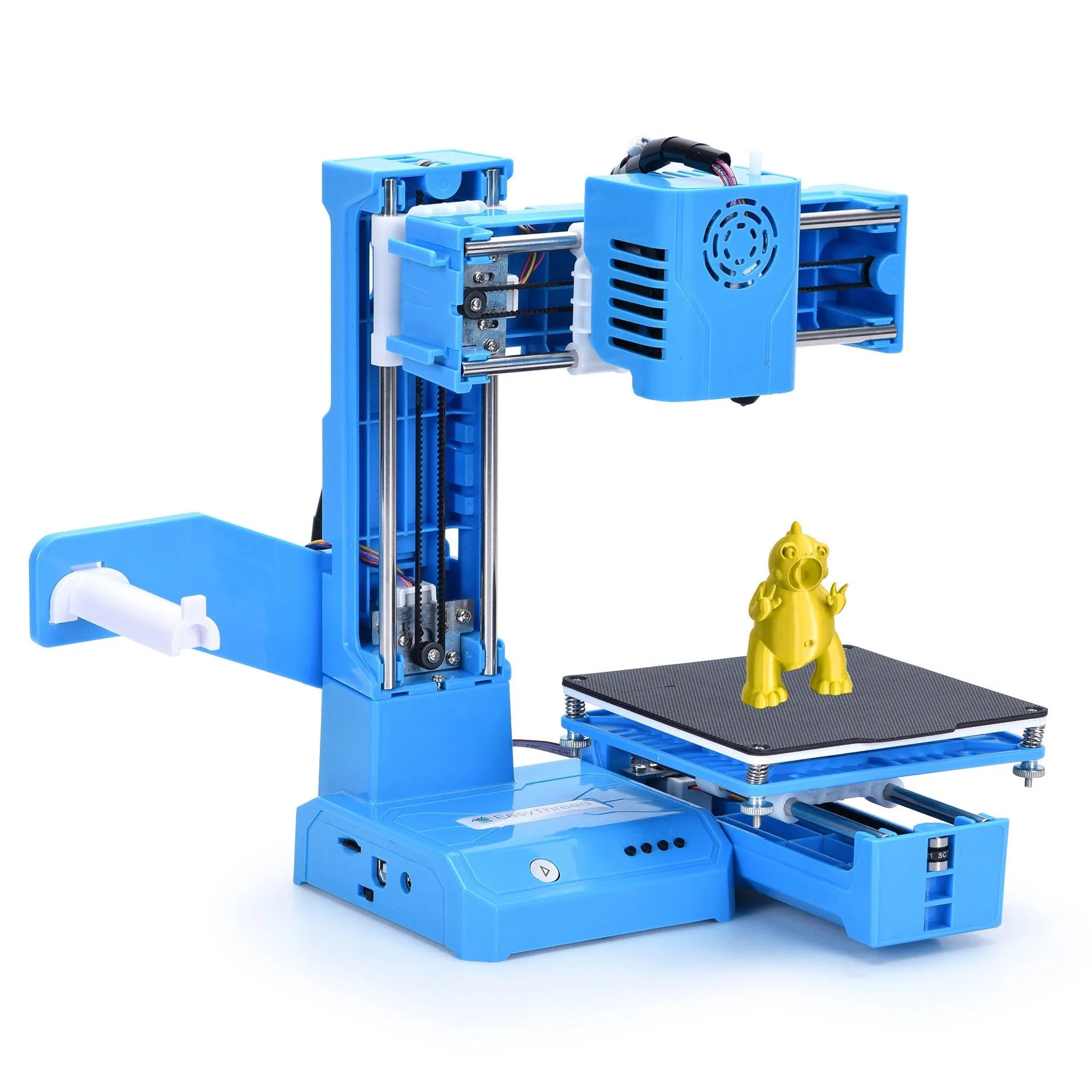 K9 New Mini desktop 3D printer in black or blue with 100x100mm print bed and region-specific power plug.