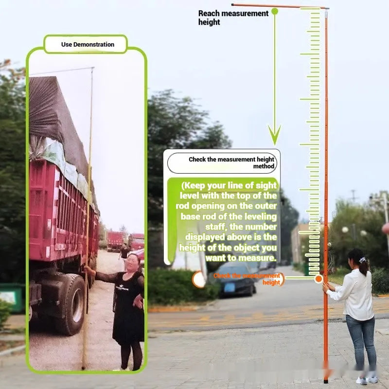Telescopic fibre glass truck height measuring rod extended fully, showing clear scale markings for height measurement.