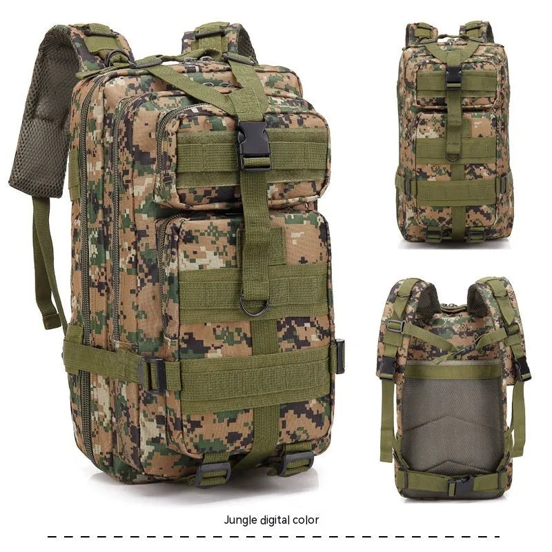 Large khaki hiking backpack with air pillow belt system shown for off-road use.