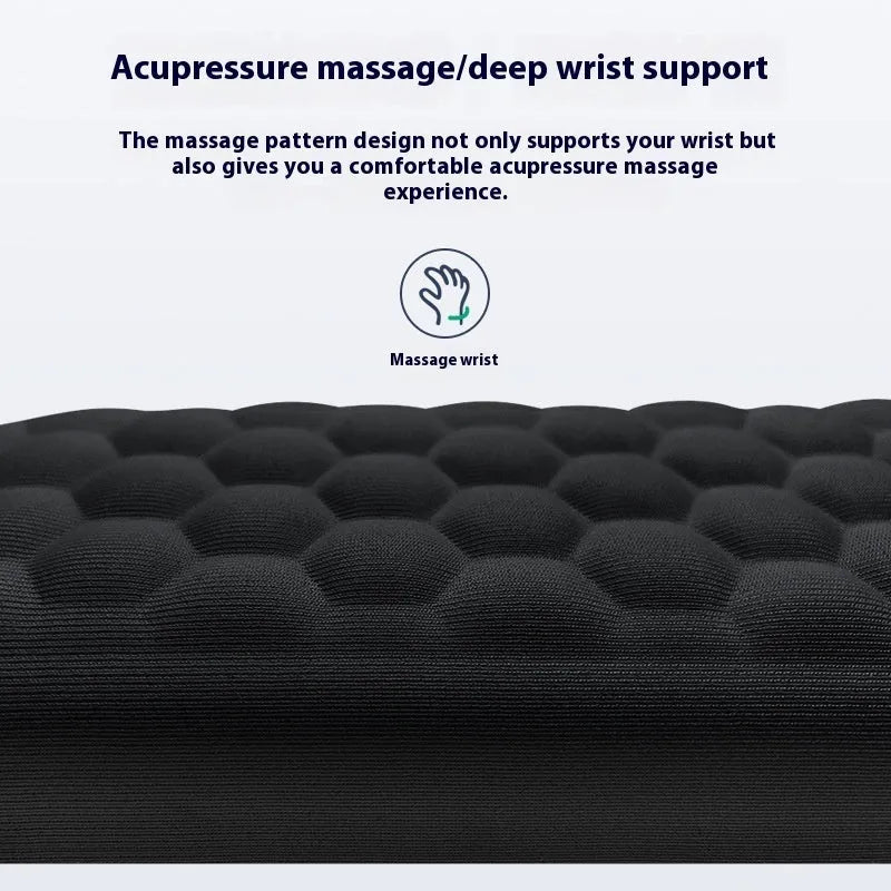 Grey and black memory foam mouse wrist pads with silicone bases, shown in cloth and leather cover options.