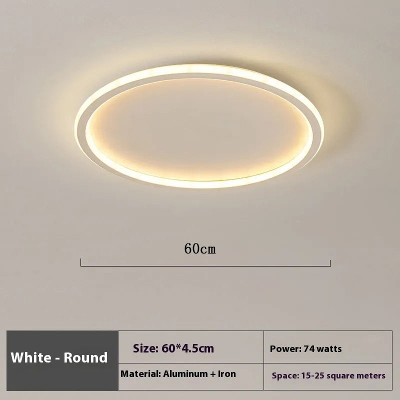 Minimalist circular LED ceiling lamp in black, gold, or white finish with dimming control