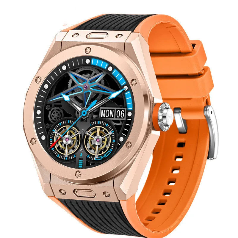 MV58 black smart watch with silicone strap showing heart rate monitoring on screen.