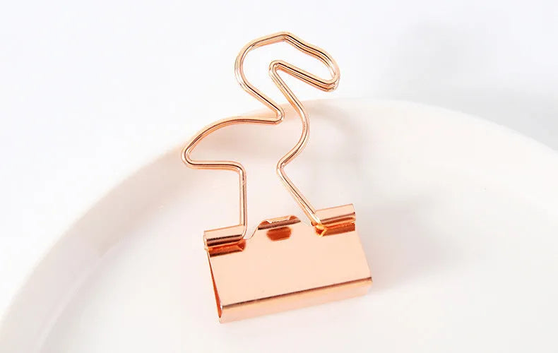 Gold plated metal office clip with decorative long tail design showing flamingo, love, clouds, cat, and cactus motif options