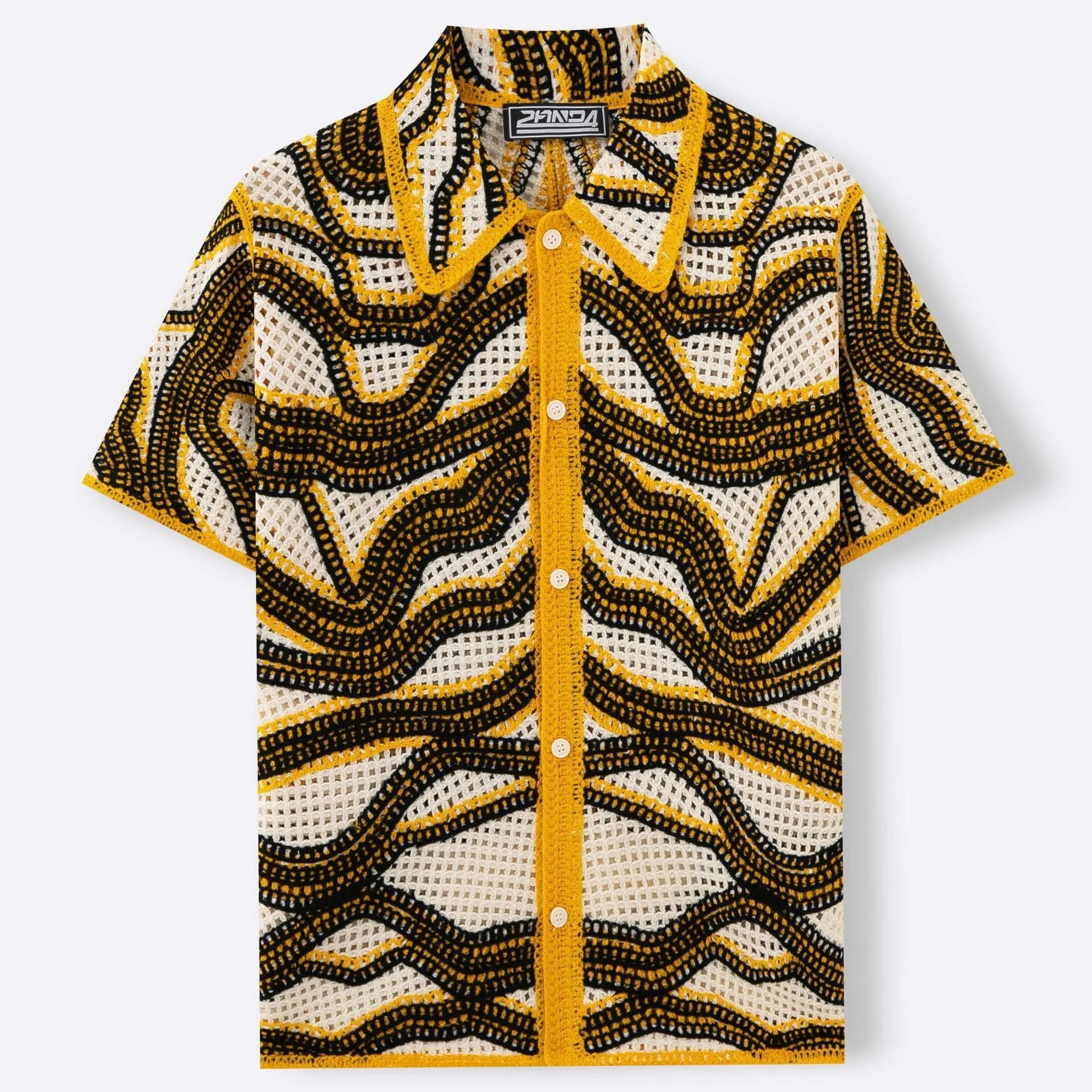 Khaki retro striped hand-crocheting short sleeve cardigan on model, acrylic fabric, regular fit, summer leisure wear
