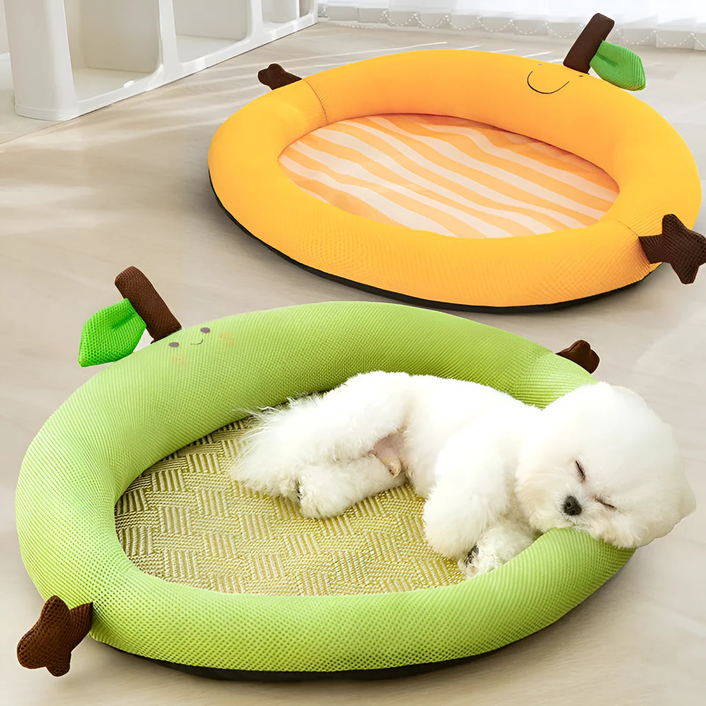 Green fruit backrest pet nest for dogs and cats, shown in a large size.