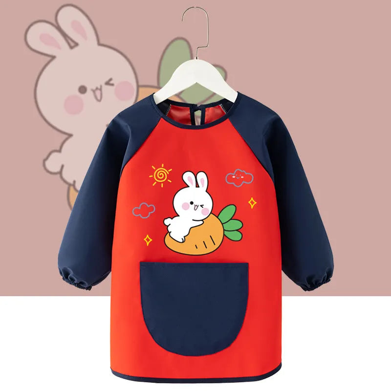 Children's waterproof painting apron with cartoon design in pink rabbit pattern, polyester fabric, inside-out style