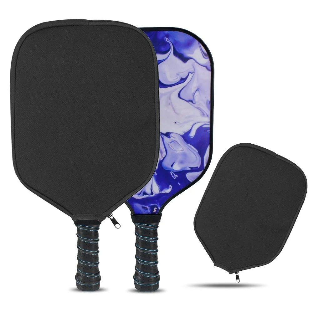 Black neoprene protective sleeve for a table tennis racket on a grey background.
